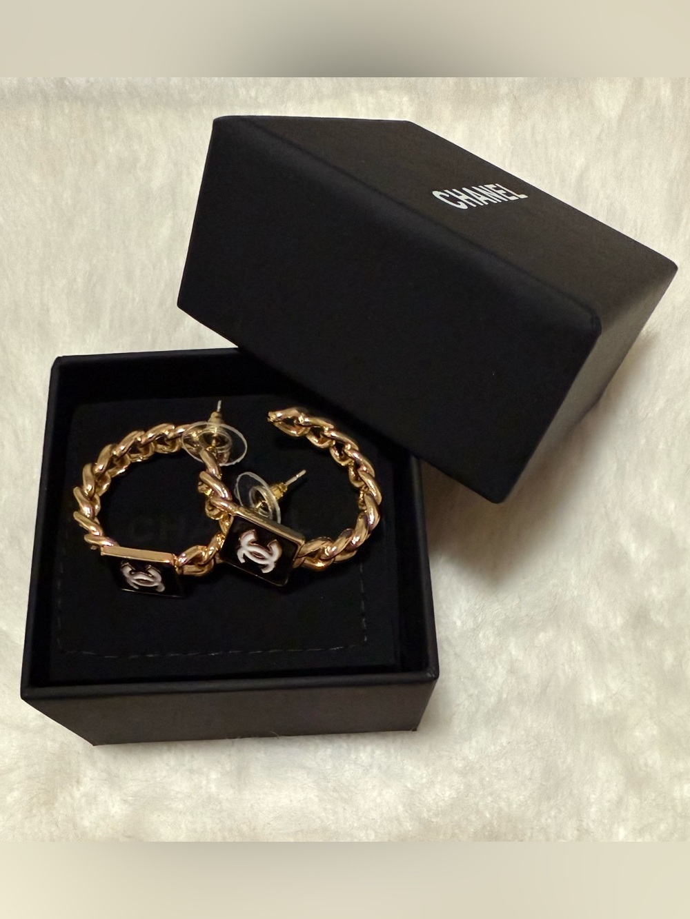 Elegant Gold-Tone Hoop Earrings with B&W Enamel CC Squares